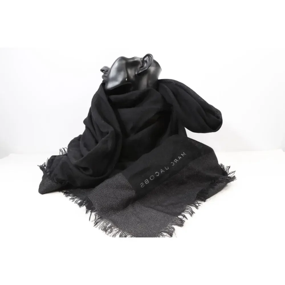 Marc Jacobs Black Logo Fringed Large Wrap Scarf Shawl Lightweight 60 x 48